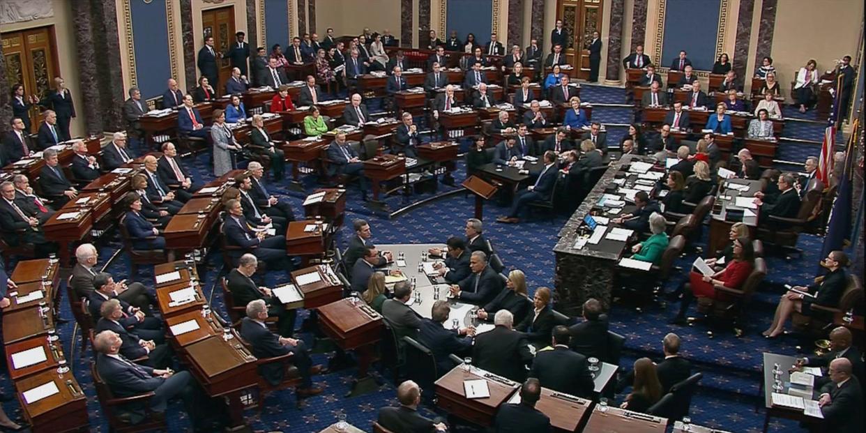 U.S. senators cast their votes on the first article of impeachment abuse of power during the final votes in the Senate impeachment trial of U.S. President Donald Trump in this frame grab from video shot in the Senate Chamber at the U.S. Capitol in Washington, U.S., February 5, 2020. U.S. Senate TV/Handout via Reuters