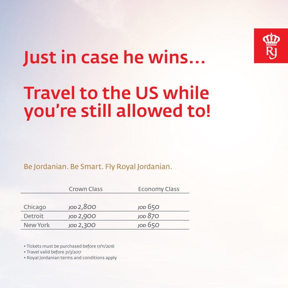 Royal Jordanian ad Donald Trump election Muslims