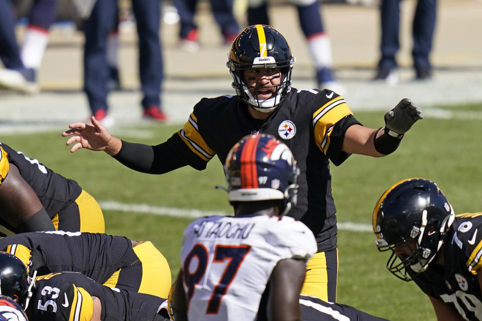 Pittsburgh Steelers quarterback Ben Roethlisberger (7) calls signals during the second half of an NFL football game against the Denver Broncos, Sunday, Sept. 20, 2020, in Pittsburgh. (AP Photo/Keith Srakocic)