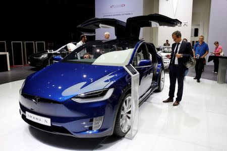 FILE PHOTO: The Tesla Model X car is displayed on media day at the Paris auto show, in Paris, France, September 29, 2016. REUTERS/Benoit Tessier/File Photo