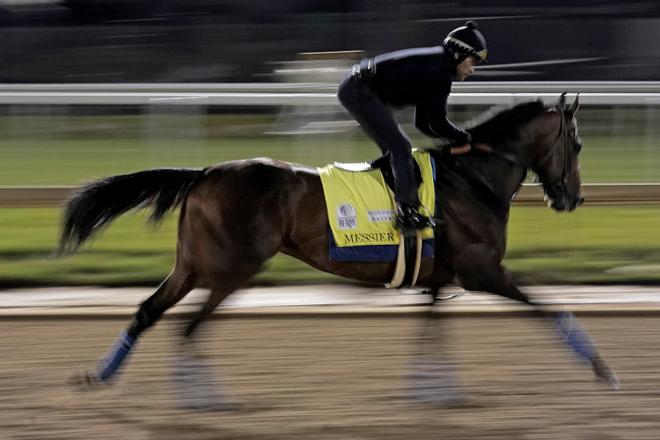 Kentucky Derby entrant Messier works out at Churchill Downs Thursday, May 5, 2022, in Louisville, Ky. The 148th running of the Kentucky Derby is scheduled for Saturday, May 7. (AP Photo/Charlie Riedel)