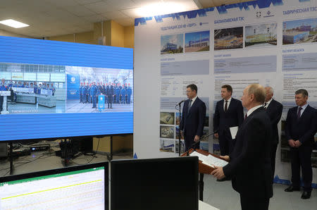 Russian President Vladimir Putin attends an inauguration ceremony of power stations in the cities of Sevastopol and Simferopol through videolink during his visit to Sevastopol, Crimea, March 18, 2019. Sputnik/Mikhail Klimentyev/Kremlin via REUTERS