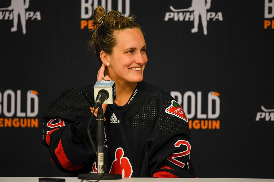 Marie-Philip Poulin has starred for the Canadian women's hockey team, winning three Olympic gold medals and scoring in a record four consecutive finals. (Getty Images)