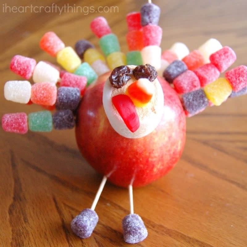 <p>I Heart Crafty Things</p><p>If you’re looking for a sweet activity, this one from <a href="https://iheartcraftythings.com/thanksgiving-apple-turkey-craft.html" rel="nofollow noopener" target="_blank" data-ylk="slk:I Heart Crafty Things;elm:context_link;itc:0;sec:content-canvas" class="link "><em>I Heart Crafty Things</em></a> is worth a try! It involves using lots of candy to create an apple turkey. The best part is kids can eat it after they finish it.</p><p><strong>Related: 50 <a href="https://www.yahoo.com/lifestyle/50-fun-thanksgiving-games-kids-100044918.html" data-ylk="slk:Family Thanksgiving Games;elm:context_link;itc:0;sec:content-canvas;outcm:mb_qualified_link;_E:mb_qualified_link;ct:story;" class="link  yahoo-link">Family Thanksgiving Games</a></strong></p>