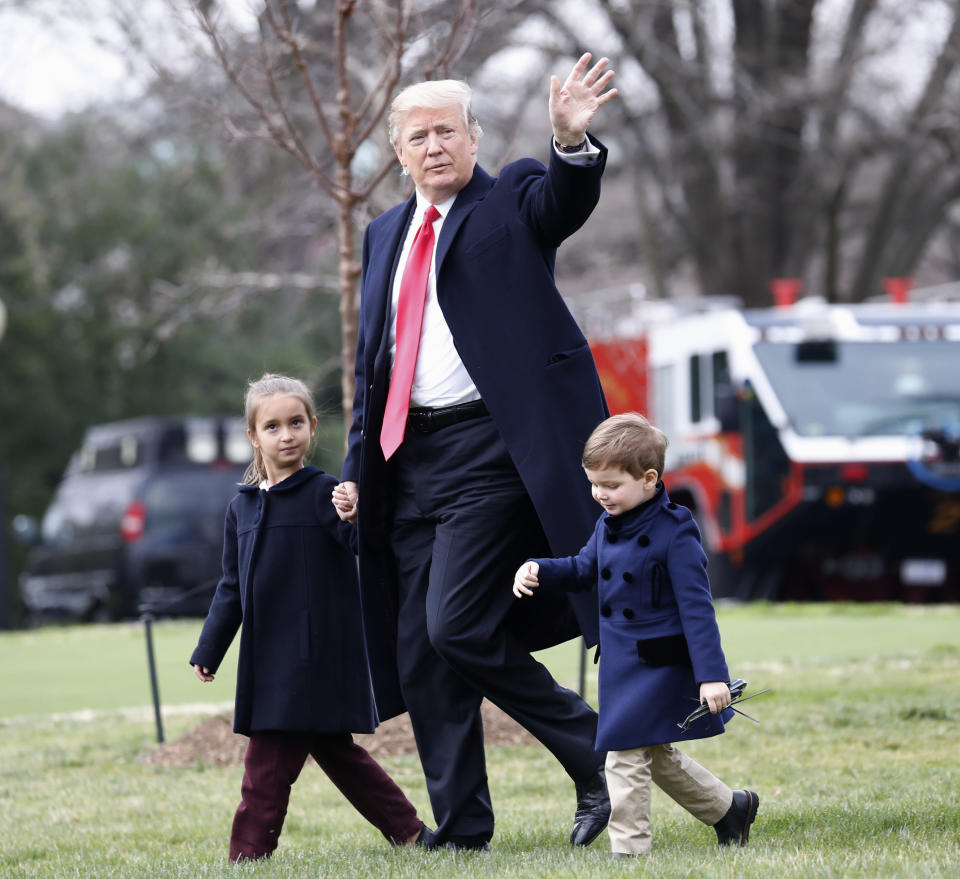 <p> President Donald Trump walks with his grandchildren, Arabella Kushner and Joseph Kushner, across the South Lawn of the White House in Washington, Friday, March 3, 2017, before boarding Marine One for the short flight to nearby Andrews Air Force Base, Friday, March 3, 2017. (AP Photo/Pablo Martinez Monsivais) </p>