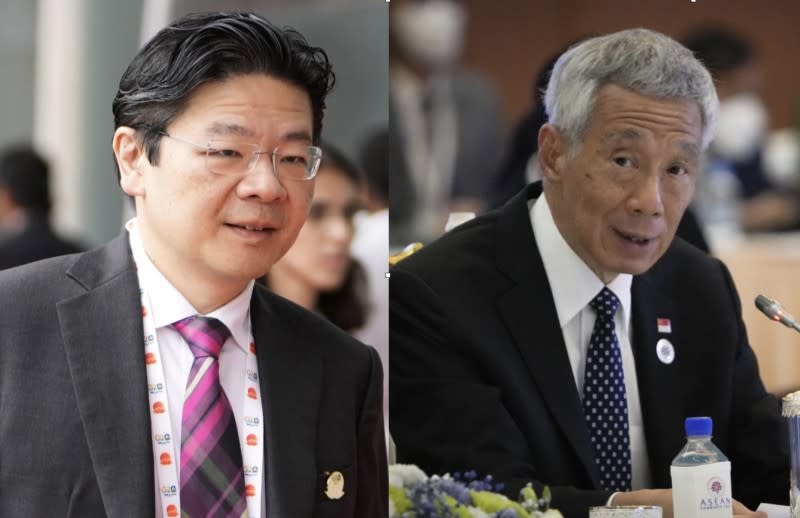 <cite>新加坡總理李顯龍（右）宣佈交棒，他的職位將在五月交接給第四代領導團隊選出的接班人、副總理兼財政部長黃循財（左）。（美聯社）</cite>