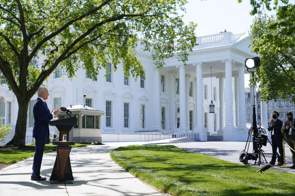 President Joe Biden speaks about COVID-19, on the North Lawn of the White House, Tuesday, April 27, 2021, in Washington. (AP Photo/Evan Vucci)