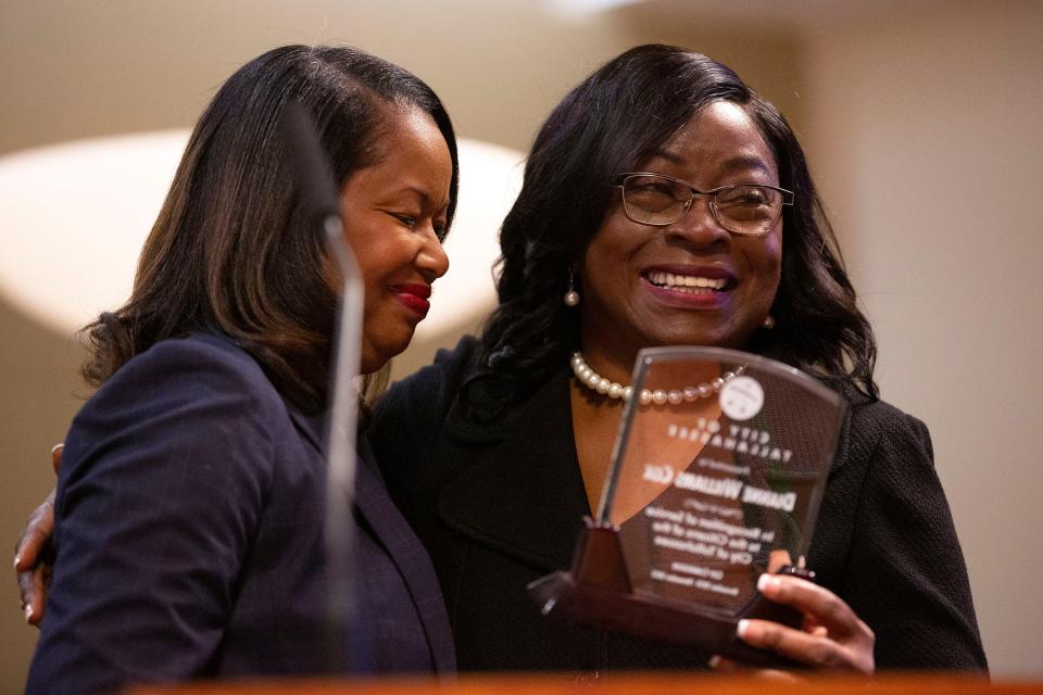 Mayor Pro-Team Dianne Williams-Cox hugs City Attorney Cassandra Jackson during a commission meeting where members take the oath of office on Monday, Nov. 21, 2022 in Tallahassee, Fla.