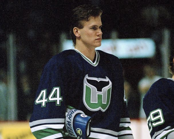 PHOTO: FILE - Chris Pronger #44 of the Hartford Whalers skates against the Montreal Canadiens in the early 1990's at the Montreal Forum in Montreal. (Denis Brodeur/NHLI via Getty Images, FILE)