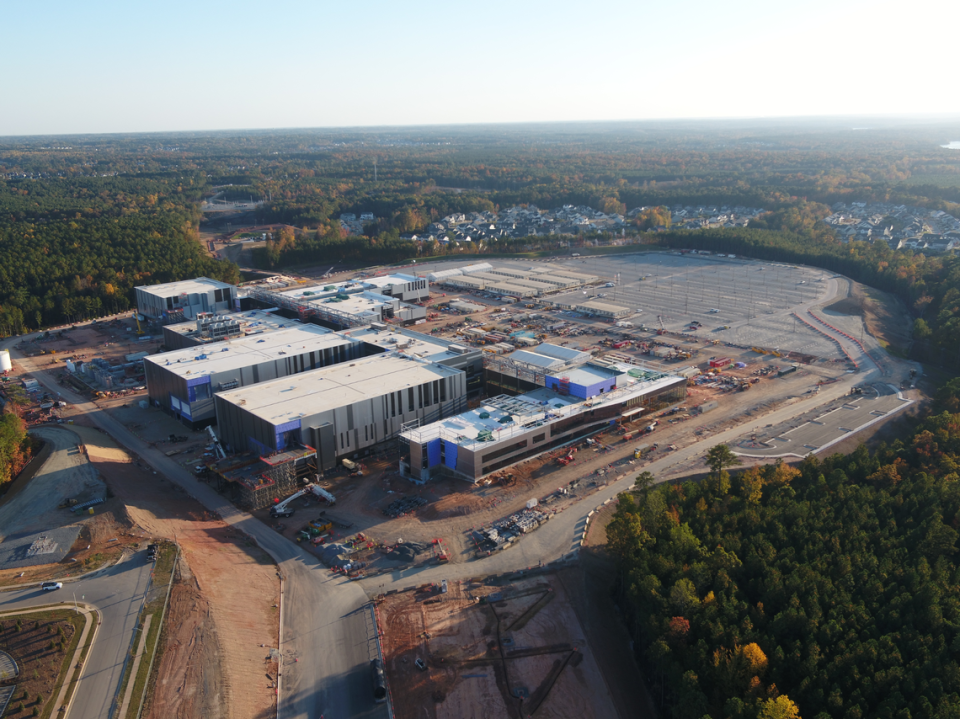 Aerial photo in October 2023 shows progress at Fujifilm Diosynth Biotechnologies facility in Holly Springs, NC.