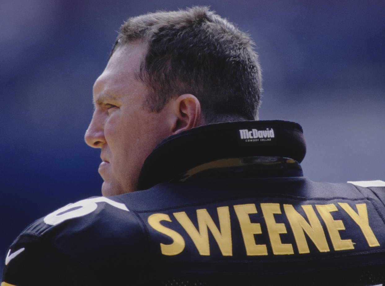 Jim Sweeney #66, Center, Tackle and Guard for the Pittsburgh Steelers looks on from the sideline during the American Football Conference Central Division game against the Washington Redskins on 7th September 1997 at Three Rivers Stadium, Pittsburgh, Pennsylvania, United States. The Steelers won the game 14 - 13. (Photo by Robert Laberge/Allsport/Getty Images)