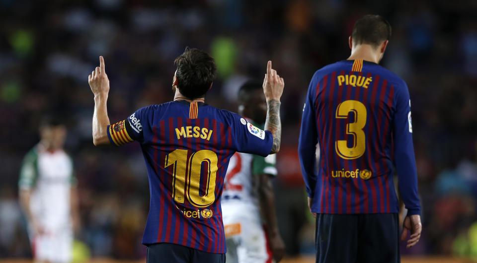 FC Barcelona's Lionel Messi celebrates after scoring against Alaves during a Spanish La Liga soccer match at Camp Nou stadium in Barcelona, Spain, Saturday, Aug. 18, 2018. (AP Photo/Manu Fernandez)