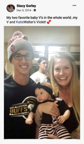 Stacy Gorley Williams, head of the local Democratic party in McAlester, often sat with Katie Walters at basketball games. She grabbed a shot of her son Vinny with Katie and the Walters’s first-born, Violet, in December 2014. 