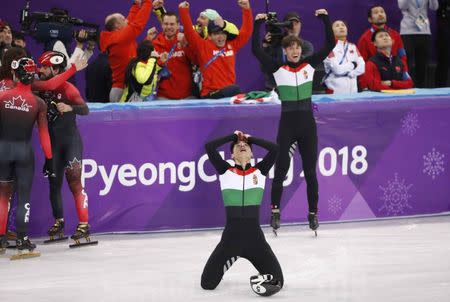 Short Track Speed Skating Events - Pyeongchang 2018 Winter Olympics - Men's 5000m Relay Final - Gangneung Ice Arena - Gangneung, South Korea - February 22, 2018 - Hungary's team reacts to winning gold. REUTERS/John Sibley