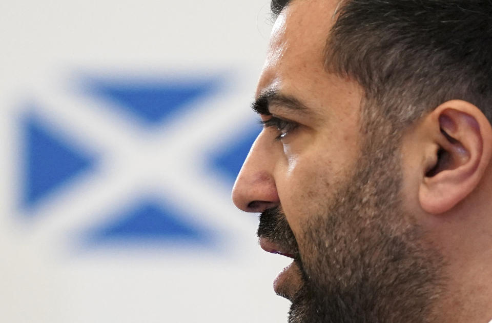 FILE - Scotland's First Minister Humza Yousaf delivers a speech on the Scottish economy and independence, at the University of Glasgow, in Glasgow, Scotland, Jan. 8, 2024. Scotland’s first minister, Humza Yousaf, has resigned on Monday, April 29, 2024, rather than face a no-confidence vote just days after he torpedoed a coalition with the Green Party by ditching a target for fighting climate change. (Andrew Milligan/PA via AP, File)