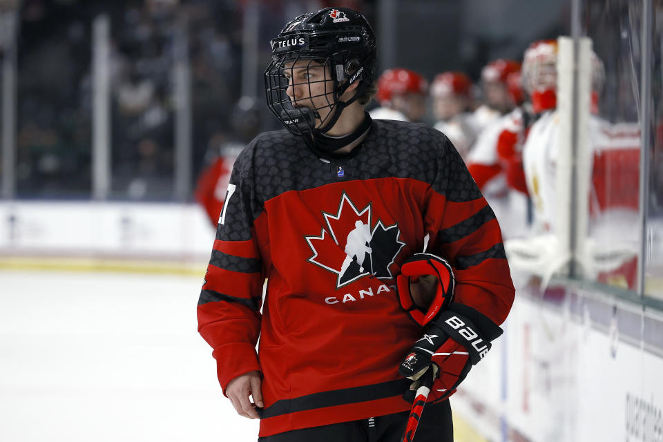 FRISCO, TEXAS - MAY 06: Connor Bedard #17 of Canada in action in the first period against Russia during the 2021 IIHF Ice Hockey U18 World Championship Gold Medal Game at Comerica Center on May 06, 2021 in Frisco, Texas. (Photo by Tom Pennington/Getty Images)