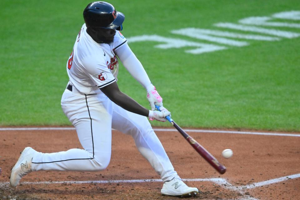 Guardians right fielder Jhonkensy Noel hits a three-run home run in the fourth inning against the Cubs, Aug. 14, 2024, in Cleveland.