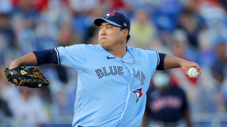 Toronto Blue Jays starting pitcher Hyun Jin Ryu throws against the Boston Red Sox during the first inning of a baseball game Tuesday, May 18, 2021, in Dunedin, Fla. (AP Photo/Mike Carlson)