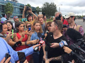 <p>October 19, 2017 – Gainesville, FL, USA – Sam Hyde of Houston, Texas, who is wearing a Nazi SS pin on his shirt, talks to the media prior to scheduled speech by white nationalist Richard Spencer at the University of Florida Thursday, Oct. 19, 2017 in Gainesville, Fla. (Photo: Ricardo Ramirez-Buxeda/TNS via ZUMA Wire) </p>