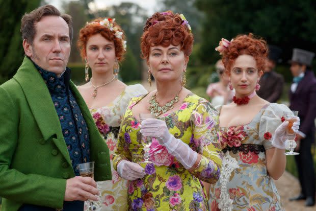Polly Walker as Lady Portia Featherington (center) with Ben Miller as Lord Archibald Featherington (left), Bessie Carter as Prudence Featherington (second from left) and Harriet Cains as Philipa Featherington in "Bridgerton" on Netflix<p>Nick Briggs/Netflix</p>