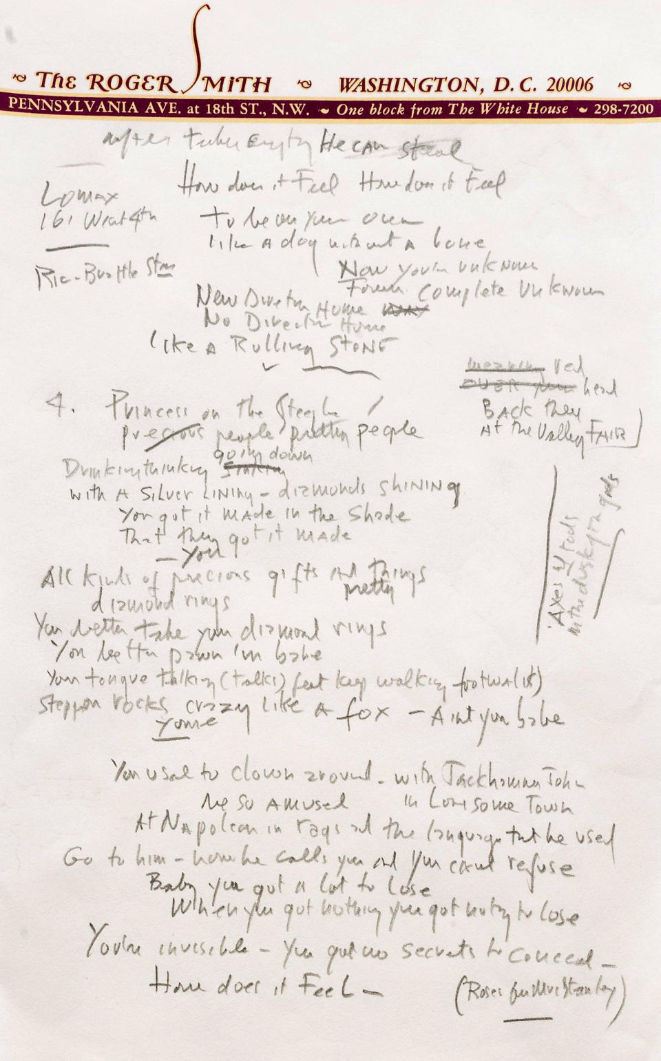 This undated photo provided by Sotheby’s shows a page from a working draft of Bob Dylan’s “Like a Rolling Stone,” one of the most popular songs of all time. The draft, in Dylan’s own hand, is coming to auction in New York on June 24, 2014 where it could fetch an estimated $1 million to $2 million. Sotheby’s says it is “the only known surviving draft of the final lyrics for this transformative rock anthem.” (AP Photo/Sotheby’s)