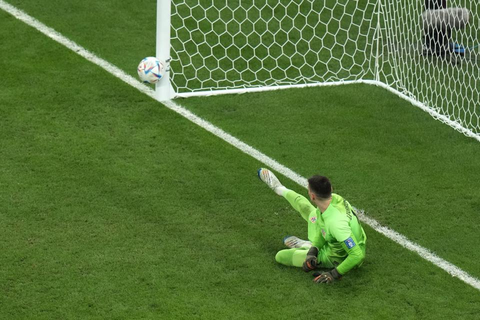 Croatia's goalkeeper Dominik Livakovic, looks at the ball hitting the post after Brazil's Marquinhos fails too score his penalty kick in the World Cup quarterfinal soccer match between Croatia and Brazil, at the Education City Stadium in Al Rayyan, Qatar, Friday, Dec. 9, 2022. (AP Photo/Alessandra Tarantino)