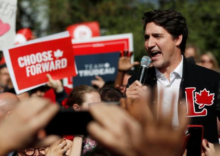 Liberal leader and Canadian Prime Minister Justin Trudeau attends an election campaign visit to London