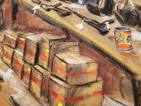 Boxes of evidence and guns are presented during the trial of Mexican drug lord Joaquin "El Chapo" Guzman (R) in this courtroom sketch during Guzman's trial in Brooklyn federal court in New York City, U.S., January 30, 2019. REUTERS/Jane Rosenberg