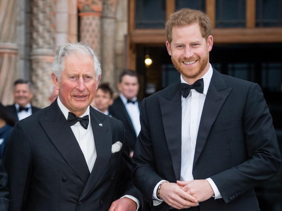 Prince Charles, Prince of Wales and Prince Harry, Duke of Sussex attend the "Our Planet" global premiere at Natural History Museum on April 04, 2019 in London, England. 