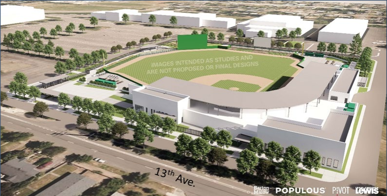 The conceptual design of the proposed 4,200 capacity Emeralds' stadium and multi-use facility at the Lane County Fairgrounds.