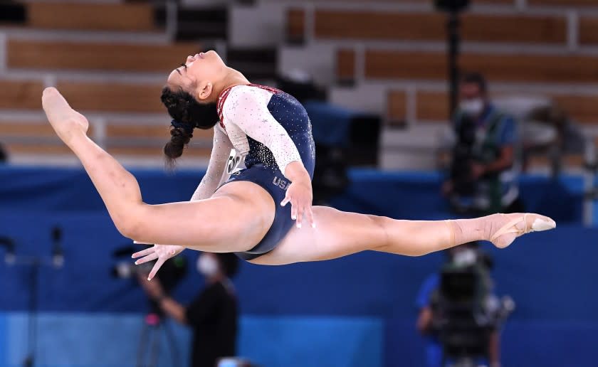 -TOKYO,JAPAN July 29, 2021: USA's Sunisa Lee competes on the floor exercise in the women's individual all-around final at the 2020 Tokyo Olympics. (Wally Skalij /Los Angeles Times)