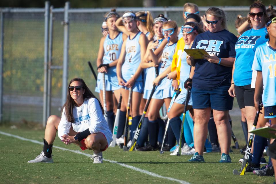 Cape Henlopen head coach Kate Austin watches on as her team battles Delmar.