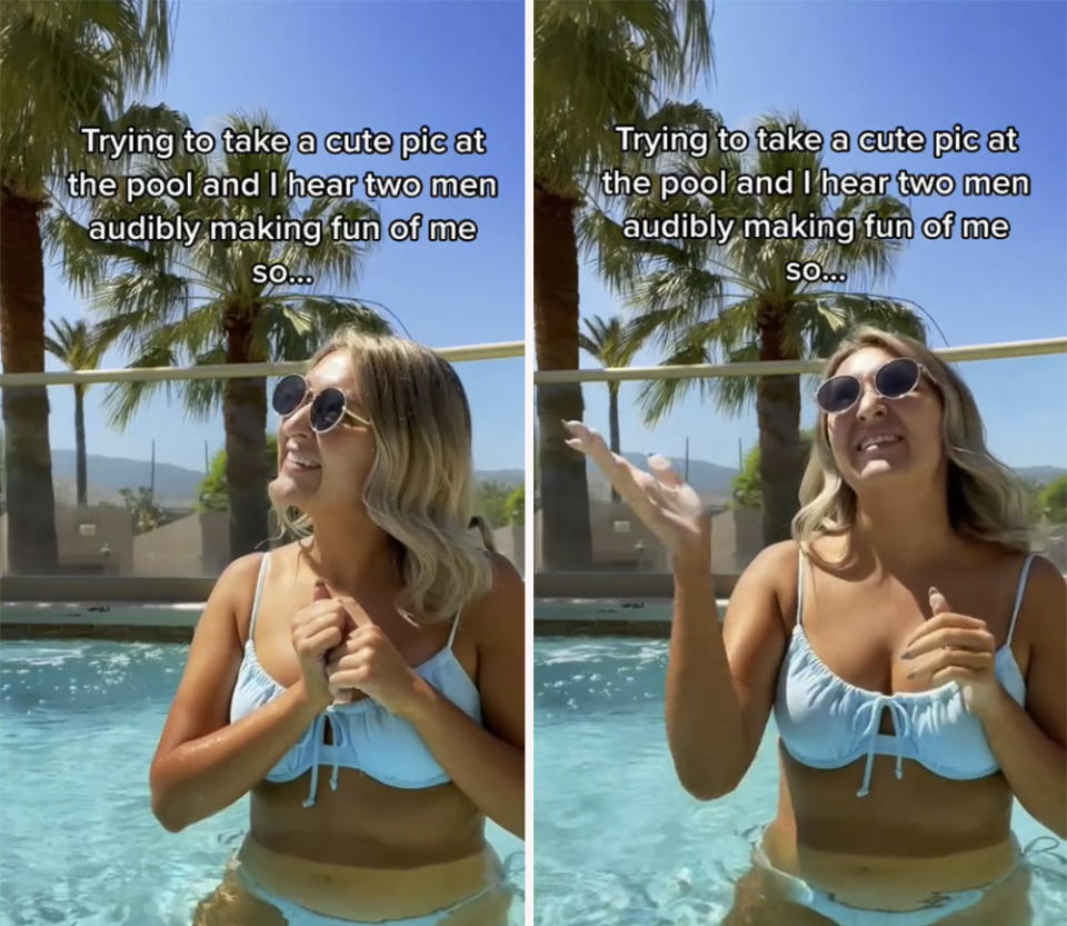 A TikTok user has been praised for the way she handled two men who were laughing at her while she posed for a bikini snap. Photo: TikTok/samanthalongton