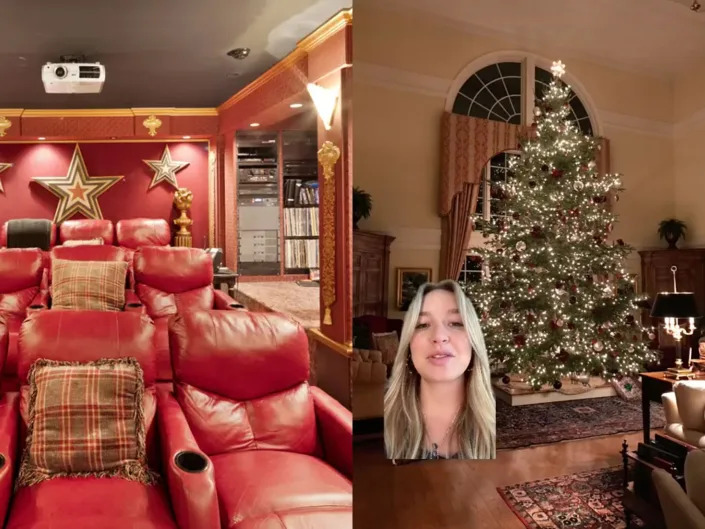 composite image of the mansion's movie theater and a screenshot from @notkyliekitt's tiktok showing the family Christmas tree
