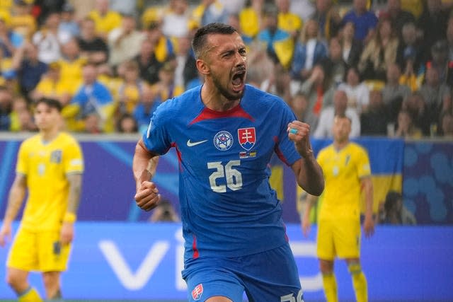 Ivan Schranz celebrates after scoring his Slovakia's opening goal against Ukraine