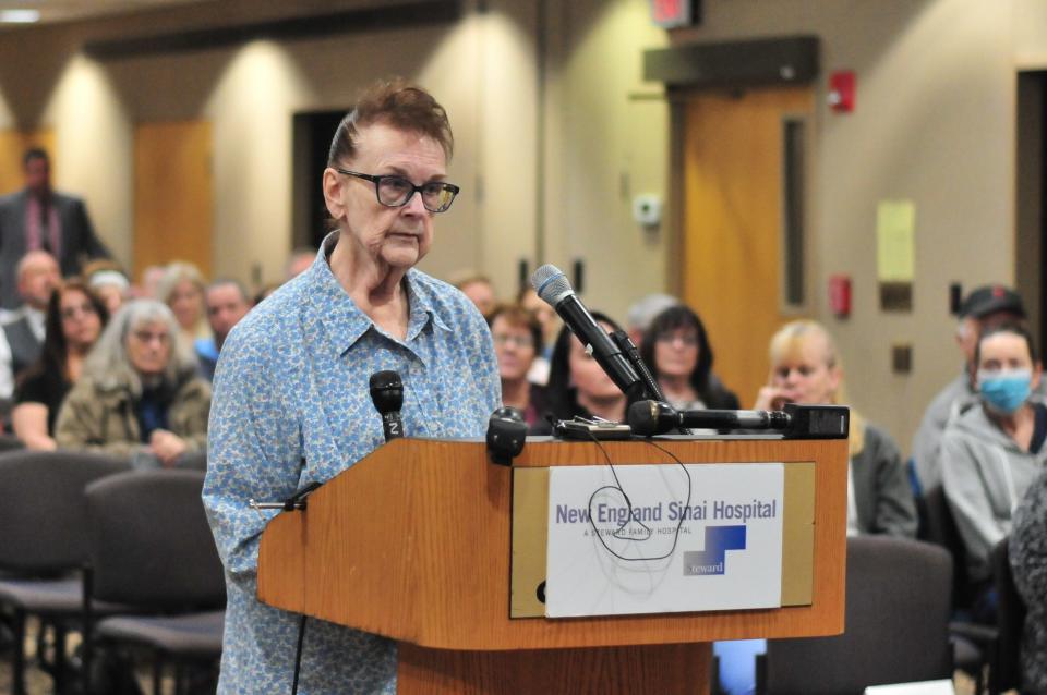 Former Stoughton Selectwoman Cynthia Walsh was the only person from the public who spoke at a Wednesday, Jan. 31, 2024 state-mandated hearing on Steward Health Care's plan to close New England Sinai Hospital by April 2.