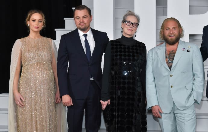 Jennifer Lawrence, Leonardo DiCaprio, Meryl Streep, and Jonah Hill at the December 5 premiere of ‘Don’t Look Up’ - Credit: NDZ/STAR MAX/IPx.