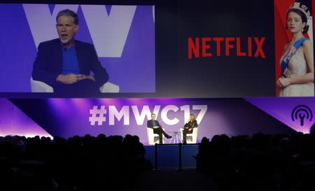 Netflix's Chief Executive Officer Reed Hastings delivers his keynote speech during Mobile World Congress in Barcelona, Spain, February 27, 2017. REUTERS/Paul Hanna