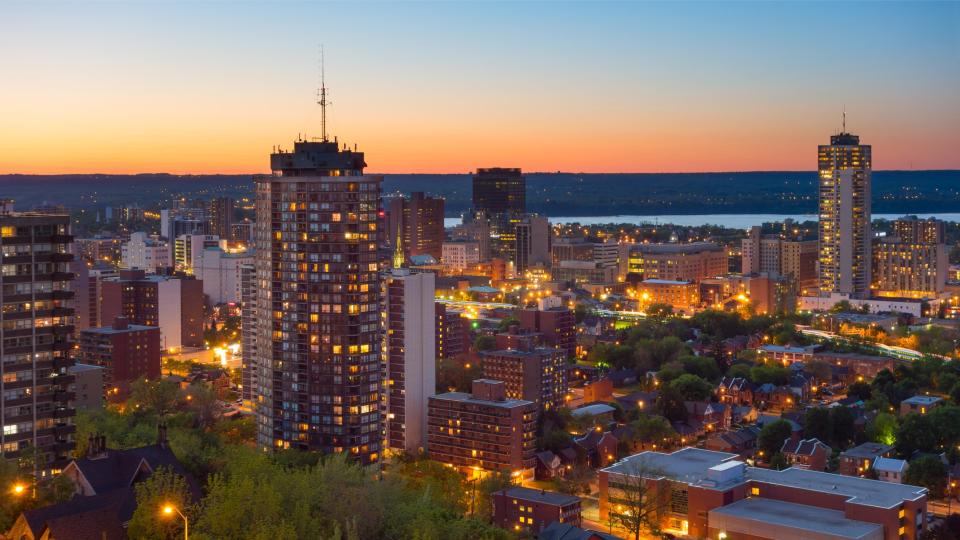 View of downtown Hamilton with Lake Ontario in the background.