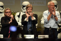 <p>The original trio Fisher, Hamill and Ford brought down the house with their appearance at the 2015 Comic-Con panel. (Photo: Kevin Winter/Getty Images)</p>