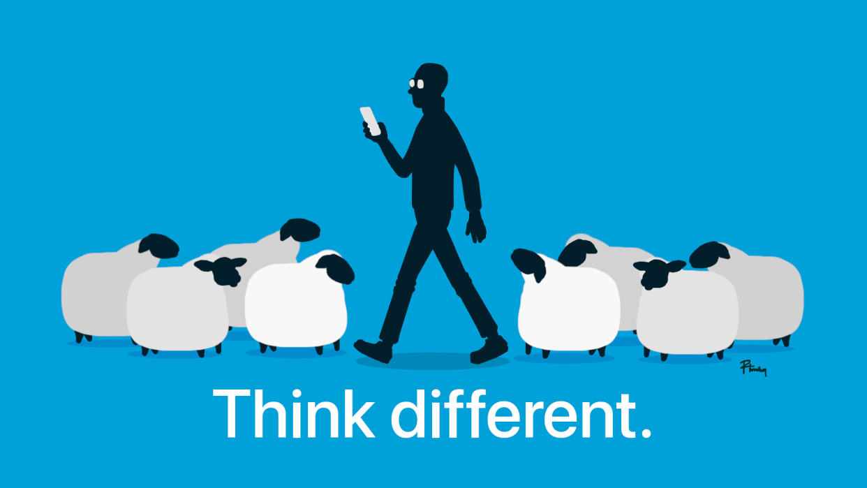  Tim Cook as the black sheep walking with a phone in hand surrounded by white sheep. 