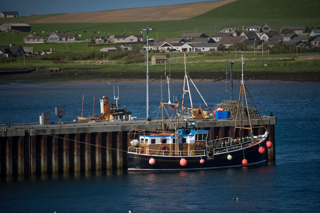 Ship in harbour, Orkney Islands, Scotland, United Kingdom