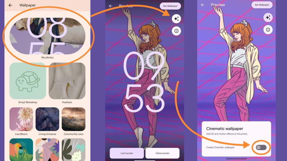 Menus showing how to make a cinematic wallpaper on your Google Pixel