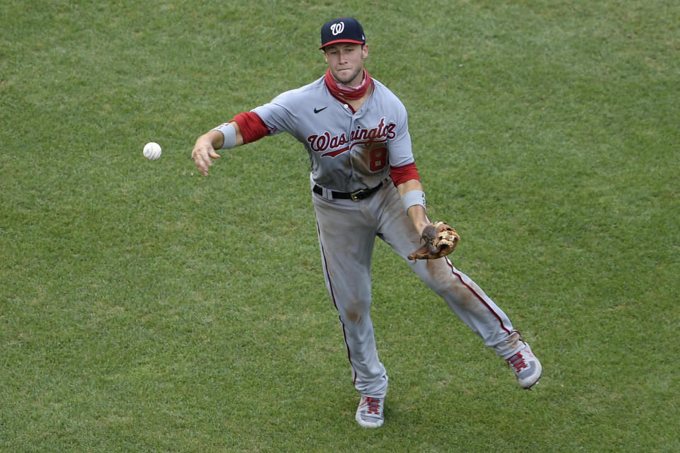 Washington Nationals third baseman Carter Kieboom throws to first for the out on Toronto Blue Jays' Brandon Drury during the fourth inning of a baseball game Thursday, July 30, 2020, in Washington. (AP Photo/Nick Wass)