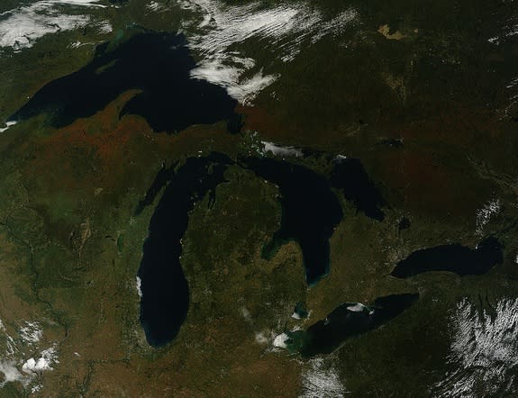 Fall colors creep into the Great Lakes area. This image was acquired on Sept. 26.