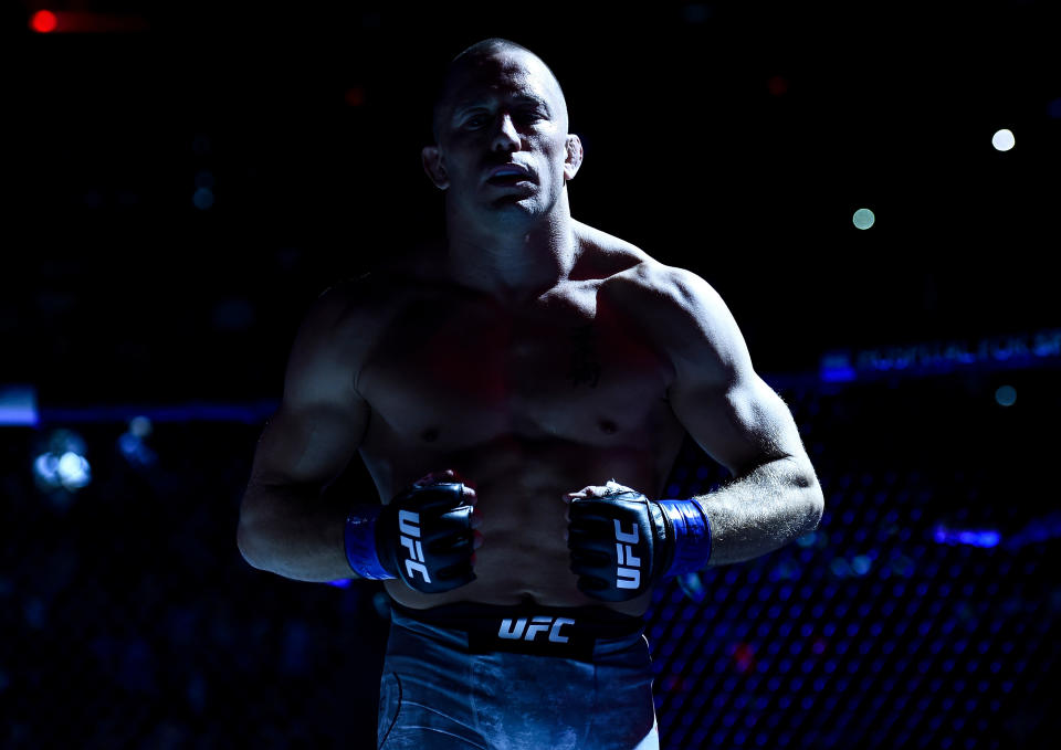 NEW YORK, NY - NOVEMBER 04:  Georges St-Pierre of Canada enters the octagon before facing Michael Bisping of England in their UFC middleweight championship bout during the UFC 217 event inside Madison Square Garden on November 4, 2017 in New York City. (Photo by Brandon Magnus/Zuffa LLC/Zuffa LLC via Getty Images)