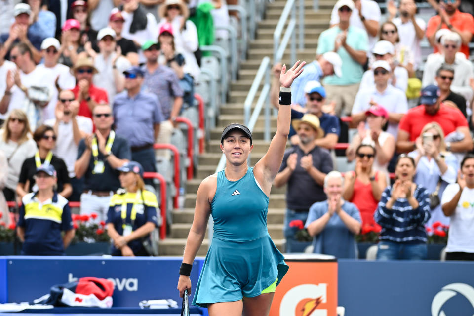 MONTREAL, CANADA - AUGUST 12:  Jessica Pegula of the United States of America celebrates her 6-2, 6-7, 6-4 victory against Iga Swiatek of Poland on Day 6 during the National Bank Open at Stade IGA on August 12, 2023 in Montreal, Canada.  (Photo by Minas Panagiotakis/Getty Images)