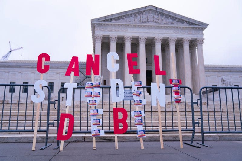 WASHINGTON, UNITED STATES - FEBRUARY 28: A sign reading Cancel Student Debt is staged outside of the Supreme Court of the United States in Washington, D.C., on Tuesday February 28, 2023.
