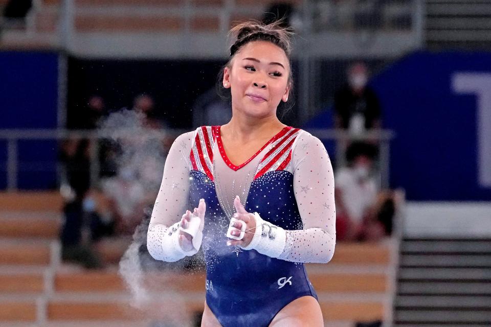 Sunisa Lee (USA) competes on the uneven bars in the women's gymnastics individual all-around final during the Tokyo 2020 Olympic Summer Games at Ariake Gymnastics Centre on July 29, 2021.