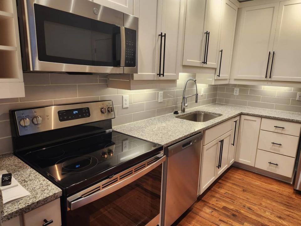 The kitchen in an apartment at The Babcock in Columbia, SC’s BullStreet District.